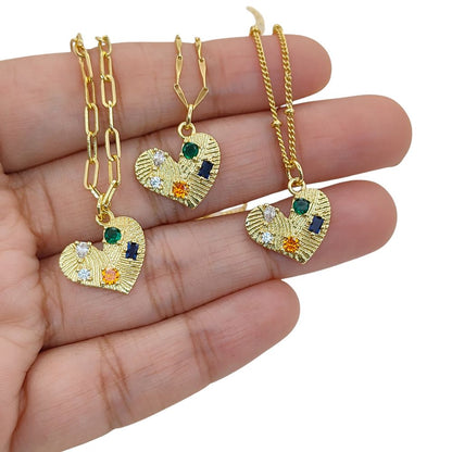Handmade 18K Gold Filled Love Heart Necklace Colorful Micropavé CZ Textured Pendant for Women – Selling Per Necklace