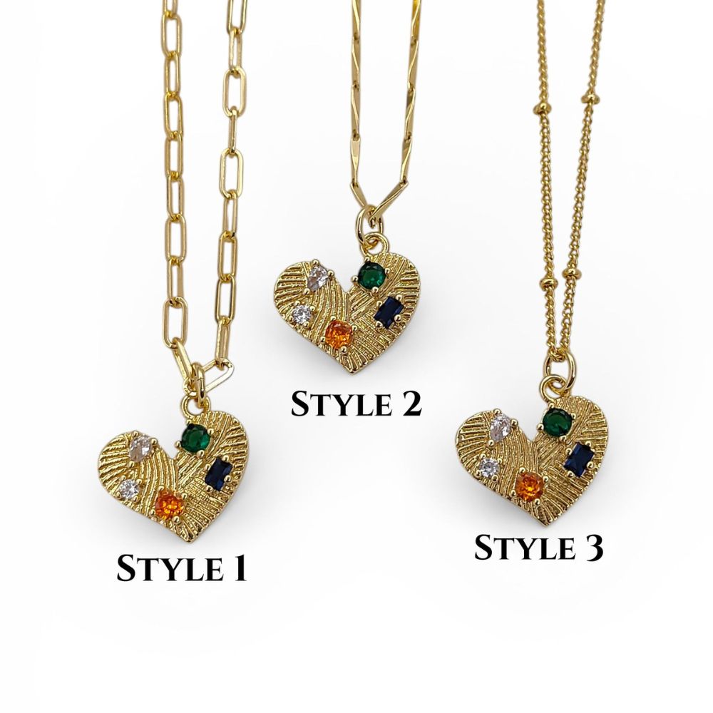 Handmade 18K Gold Filled Love Heart Necklace Colorful Micropavé CZ Textured Pendant for Women – Selling Per Necklace