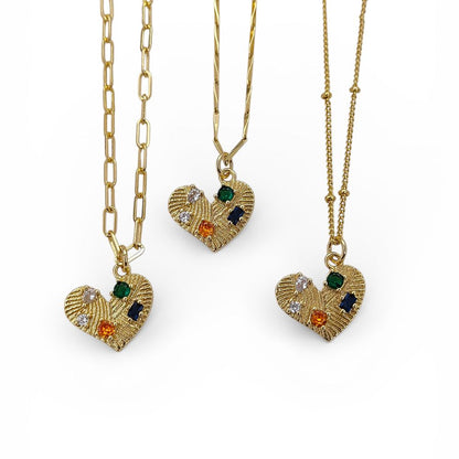 Handmade 18K Gold Filled Love Heart Necklace Colorful Micropavé CZ Textured Pendant for Women – Selling Per Necklace