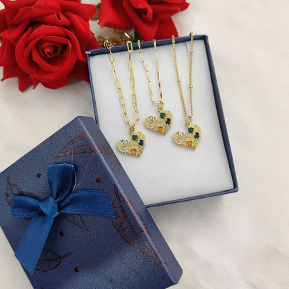 Handmade 18K Gold Filled Love Heart Necklace Colorful Micropavé CZ Textured Pendant for Women – Selling Per Necklace