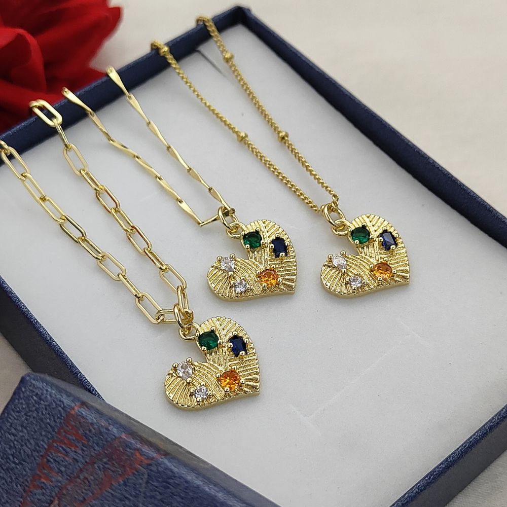 Handmade 18K Gold Filled Love Heart Necklace Colorful Micropavé CZ Textured Pendant for Women – Selling Per Necklace