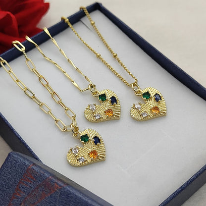 Handmade 18K Gold Filled Love Heart Necklace Colorful Micropavé CZ Textured Pendant for Women – Selling Per Necklace