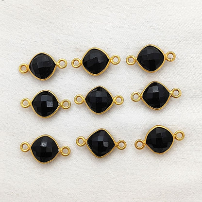 Handmade 8mm Black Onyx Gemstone Connector Cushion Cut Gold Plated Dual Loop Charm for Jewelry Making- Selling Per Piece