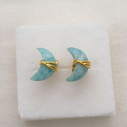 Handmade Amazonite Crescent Stud Earrings in Gold Plated Sterling Silver Dainty Half Moon Jewelry Gift for Women- Selling Per Piece