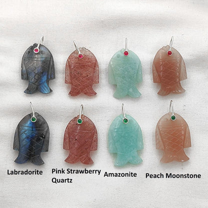 Multi Color Gemstone Fish Pendant Hand Carved Crystal Charm with Gold Plated 925 Sterling Silver Bail for Necklace Making
