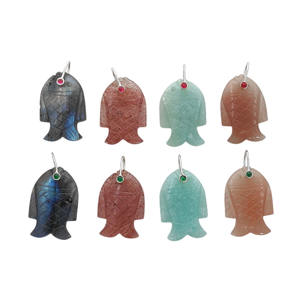 Multi Color Gemstone Fish Pendant Hand Carved Crystal Charm with Gold Plated 925 Sterling Silver Bail for Necklace Making
