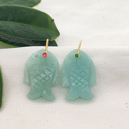 Handmade Amazonite Gemstone Fish Pendant Hand Carved Crystal Charm with Gold Plated 925 Sterling Silver Bail