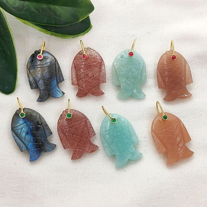Multi Color Gemstone Fish Pendant Hand Carved Crystal Charm with Gold Plated 925 Sterling Silver Bail for Necklace Making