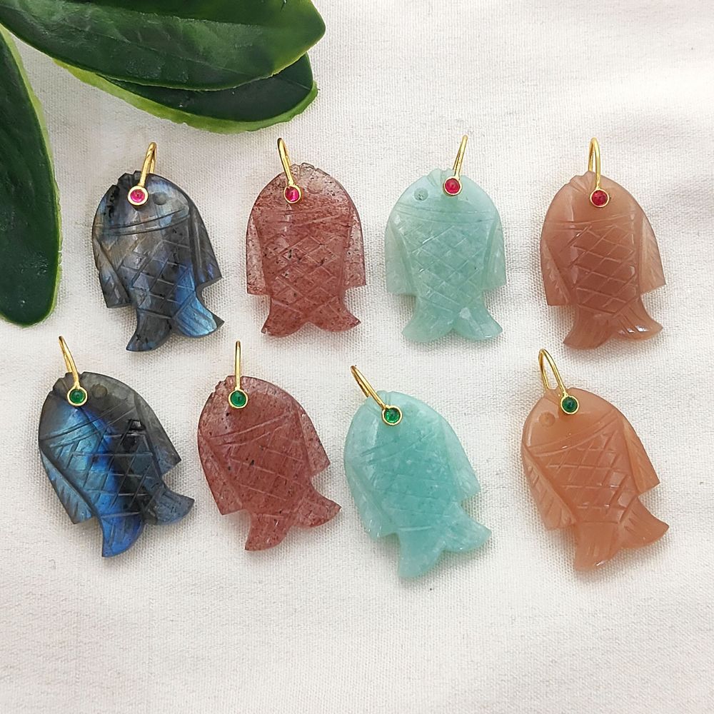 Handmade Amazonite Gemstone Fish Pendant Hand Carved Crystal Charm with Gold Plated 925 Sterling Silver Bail