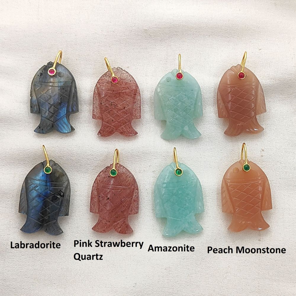 Multi Color Gemstone Fish Pendant Hand Carved Crystal Charm with Gold Plated 925 Sterling Silver Bail for Necklace Making