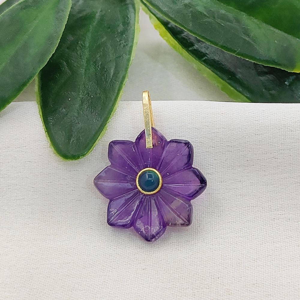 Handmade Amethyst Flower Pendant Carved Natural Gemstone Jewelry Charm with Gold-Plated 925 Sterling Silver Pinch Loop- Selling Per Piece