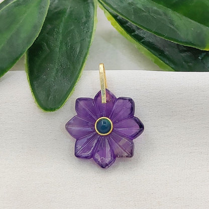 Handmade Amethyst Flower Pendant Carved Natural Gemstone Jewelry Charm with Gold-Plated 925 Sterling Silver Pinch Loop- Selling Per Piece