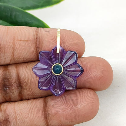 Handmade Amethyst Flower Pendant Carved Natural Gemstone Jewelry Charm with Gold-Plated 925 Sterling Silver Pinch Loop- Selling Per Piece