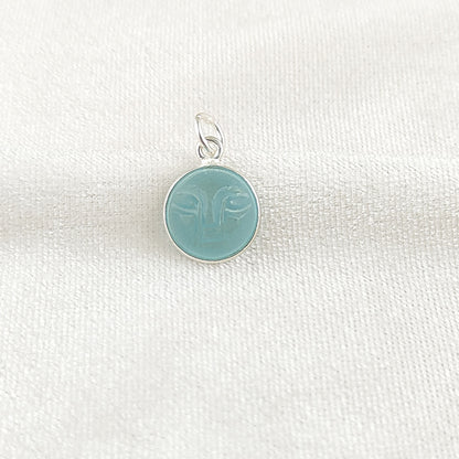 Unique Aqua Chalcedony Moon Face Pendant Handmade Gold Plated Sterling Silver Bezel Set Carved Gemstone Jewelry- Selling Per Piece
