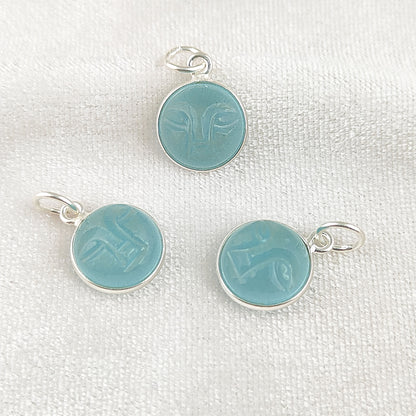 Unique Aqua Chalcedony Moon Face Pendant Handmade Gold Plated Sterling Silver Bezel Set Carved Gemstone Jewelry- Selling Per Piece