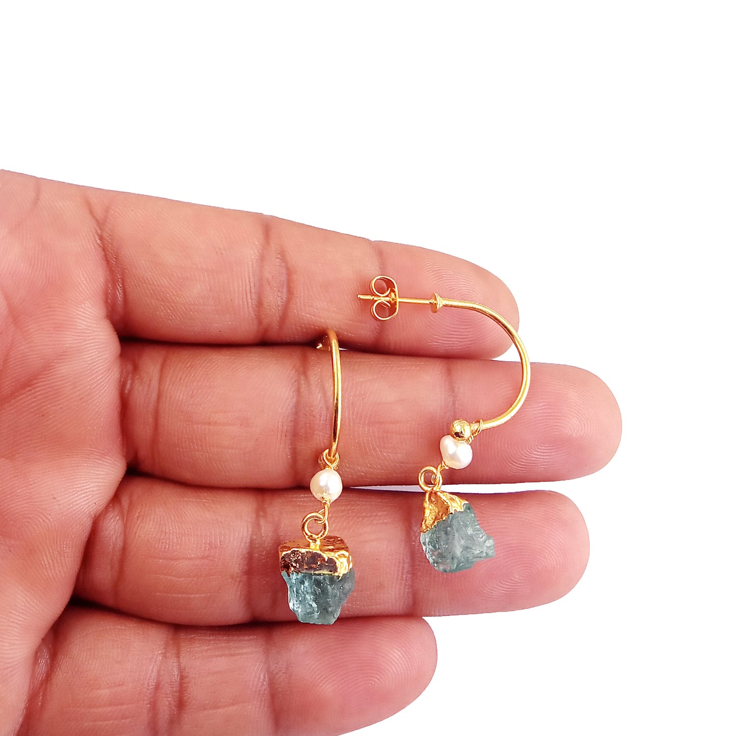 Aquamarine and Pearl Hoop Earrings Dainty 925 Sterling Silver March Birthstone Jewelry- Selling Per Pair