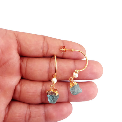 Aquamarine and Pearl Hoop Earrings Dainty 925 Sterling Silver March Birthstone Jewelry- Selling Per Pair