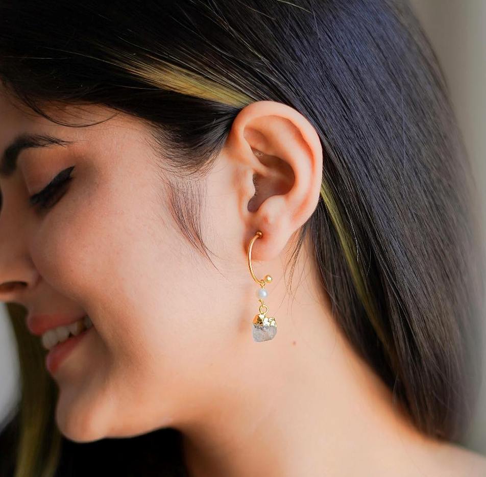 Aquamarine and Pearl Hoop Earrings Dainty 925 Sterling Silver March Birthstone Jewelry- Selling Per Pair