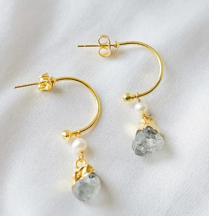 Aquamarine and Pearl Hoop Earrings Dainty 925 Sterling Silver March Birthstone Jewelry- Selling Per Pair