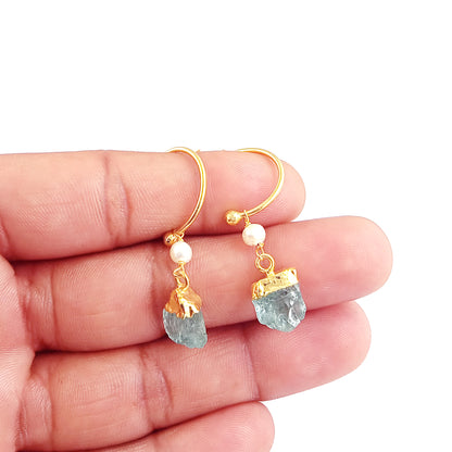 Aquamarine and Pearl Hoop Earrings Dainty 925 Sterling Silver March Birthstone Jewelry- Selling Per Pair