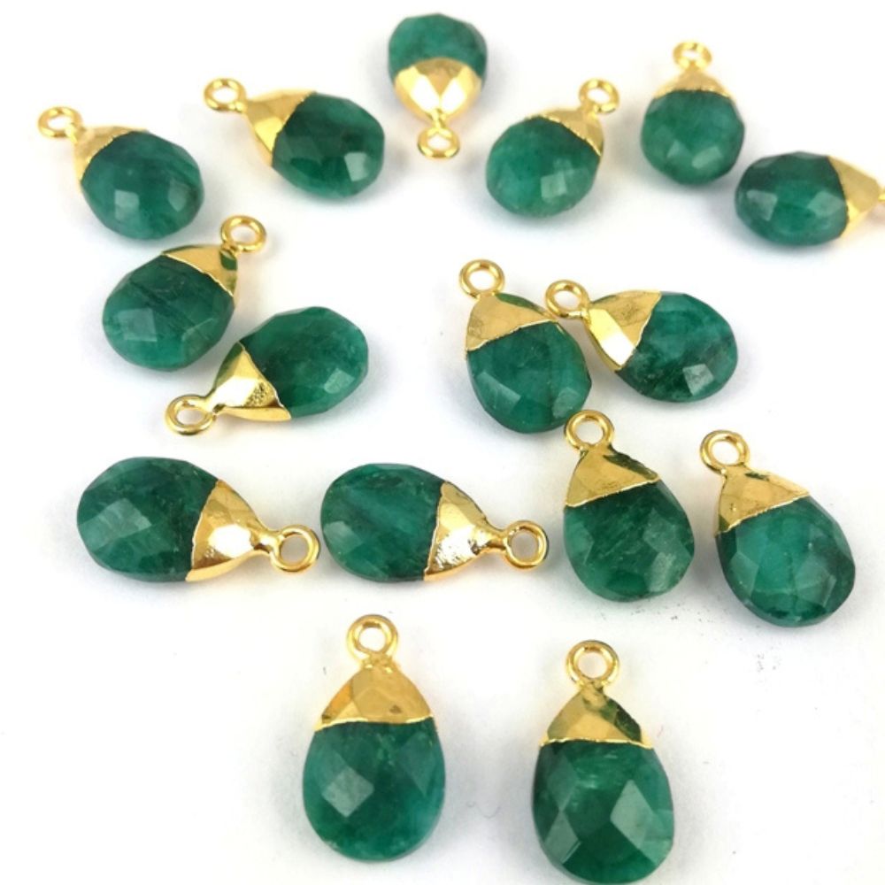 Natural Green Emerald Teardrop Pendant 13x9mm Gold Electroplated Bail for DIY Jewelry
