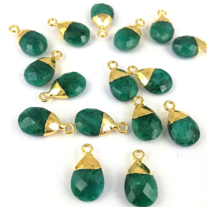 Natural Green Emerald Teardrop Pendant 13x9mm Gold Electroplated Bail for DIY Jewelry