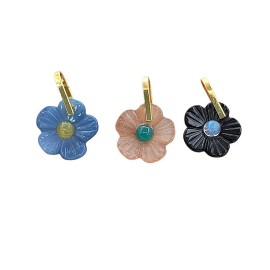 Handmade Carved Flower Gemstone Pendant Gold Plated Sterling Silver Healing Crystal Charm- Selling Per Piece
