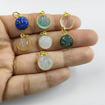 Gold Plated Sterling Silver Clear Quartz Pendant for Necklace Handmade Carved Moon Face Gemstone Jewelry- Selling Per Piece