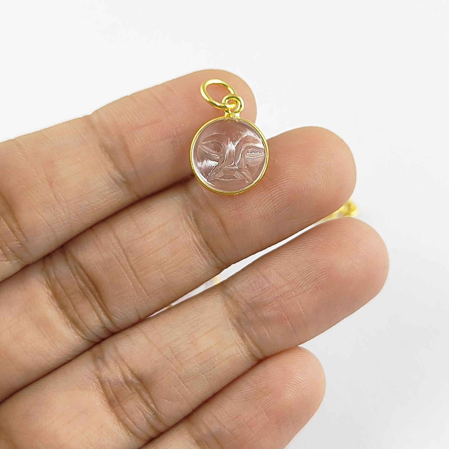 Gold Plated Sterling Silver Clear Quartz Pendant for Necklace Handmade Carved Moon Face Gemstone Jewelry- Selling Per Piece