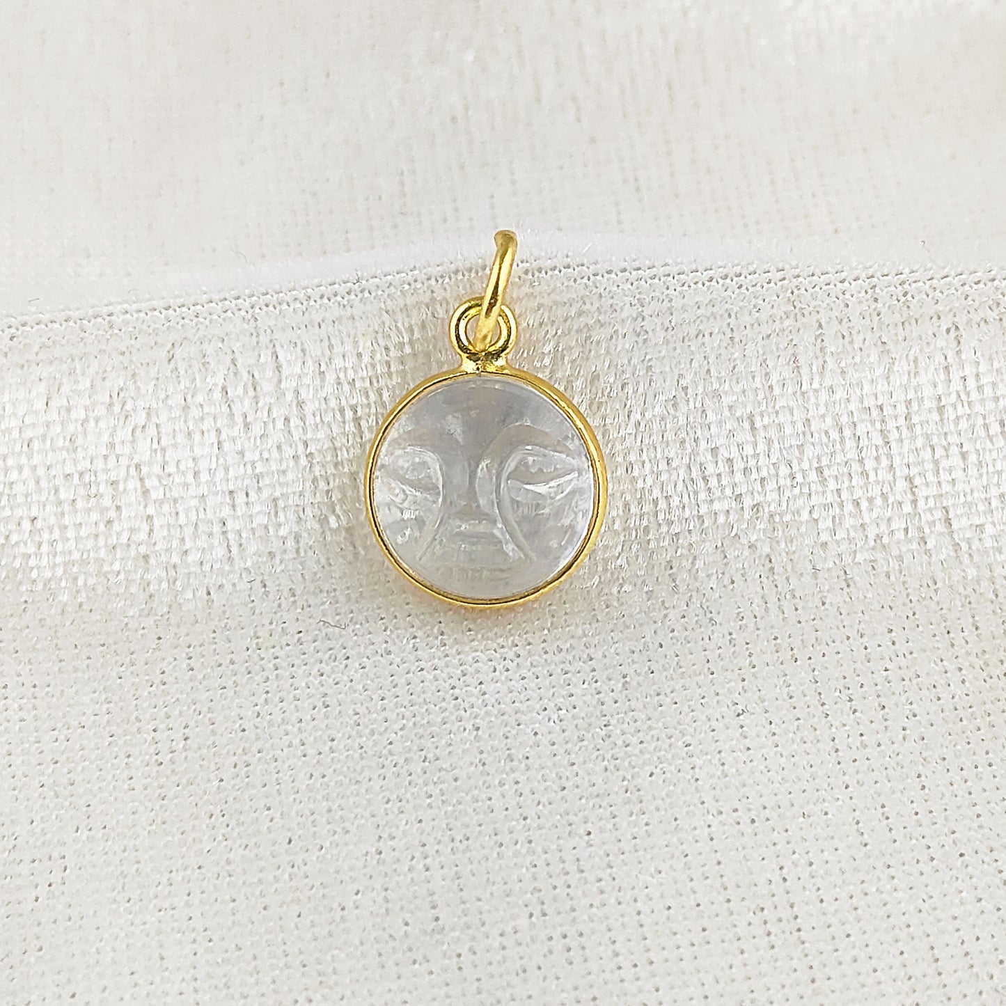 Gold Plated Sterling Silver Clear Quartz Pendant for Necklace Handmade Carved Moon Face Gemstone Jewelry- Selling Per Piece