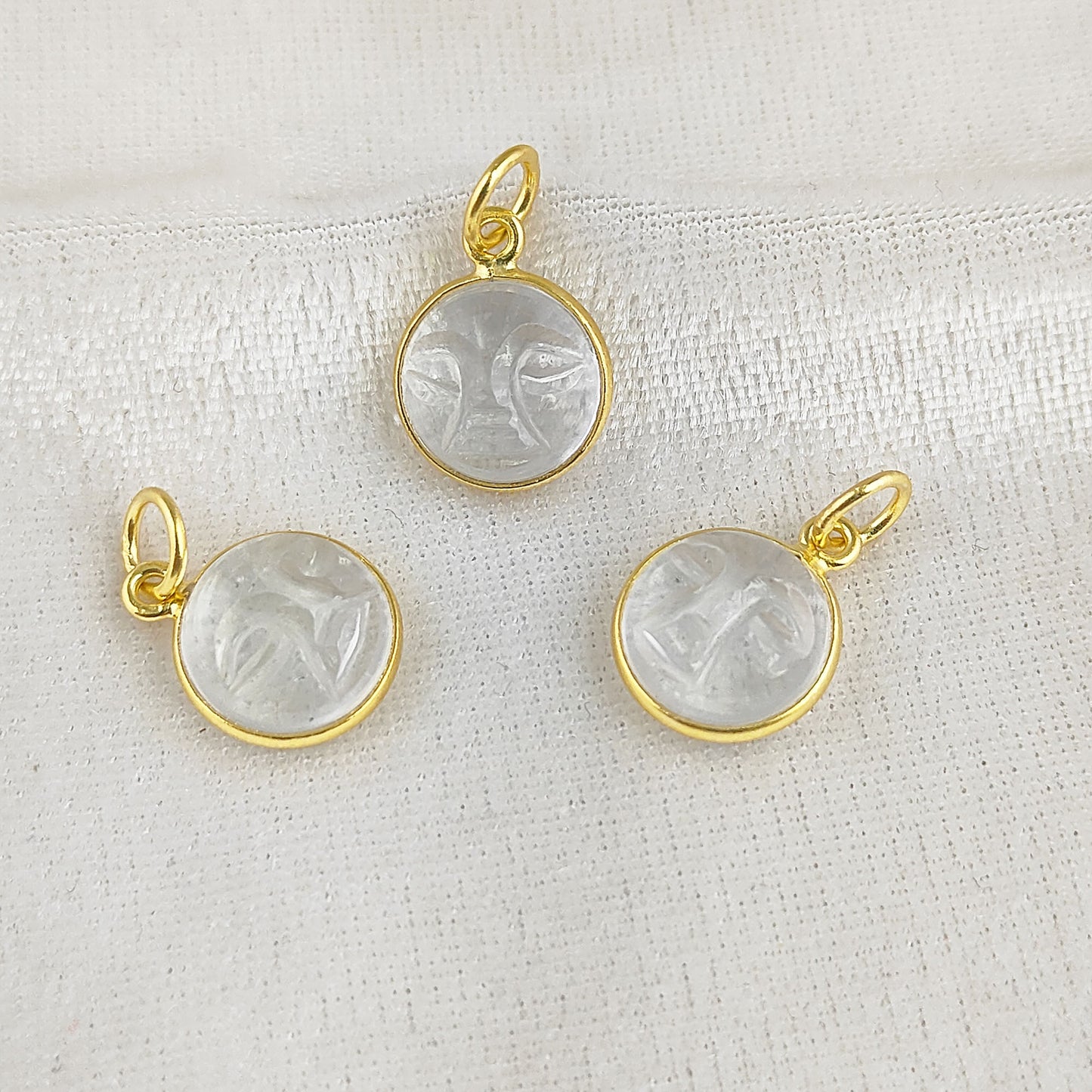 Gold Plated Sterling Silver Clear Quartz Pendant for Necklace Handmade Carved Moon Face Gemstone Jewelry- Selling Per Piece