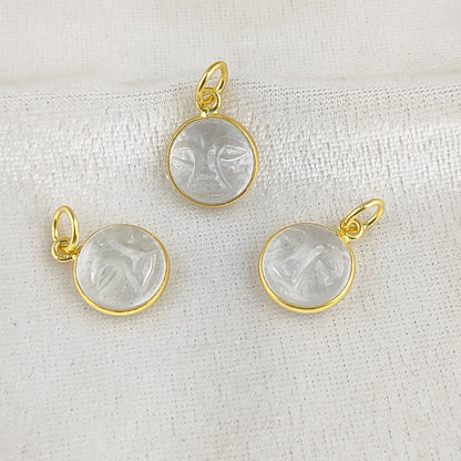 Gold Plated Sterling Silver Clear Quartz Pendant for Necklace Handmade Carved Moon Face Gemstone Jewelry- Selling Per Piece