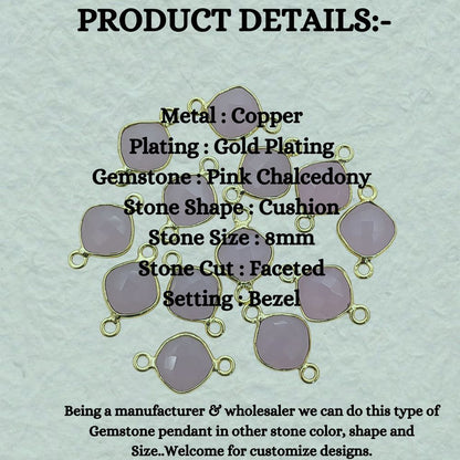 Handmade Cushion Cut Pink Chalcedony Connector Gold Plated Dual Loop Gemstone Link for Jewelry Making- Selling Per Piece