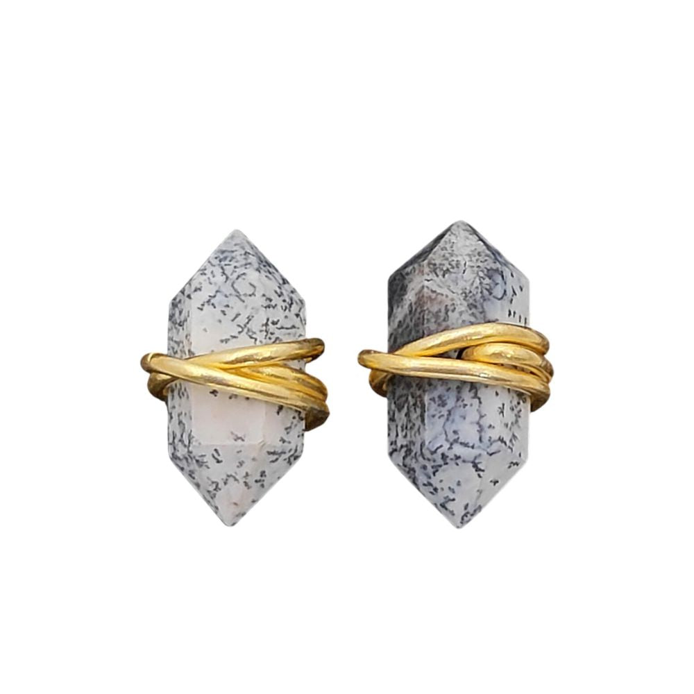 Handmade Dendrite Opal Double Point Stud Earrings, 12x5mm Gemstone in Gold Vermeil, Minimalist Healing Jewelry for Women- Selling Per Pair