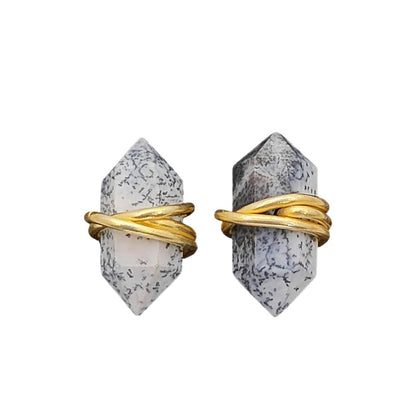 Handmade Dendrite Opal Double Point Stud Earrings, 12x5mm Gemstone in Gold Vermeil, Minimalist Healing Jewelry for Women- Selling Per Pair