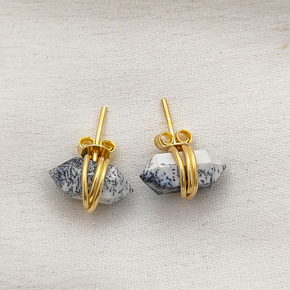 Handmade Dendrite Opal Double Point Stud Earrings, 12x5mm Gemstone in Gold Vermeil, Minimalist Healing Jewelry for Women- Selling Per Pair