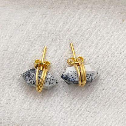 Handmade Dendrite Opal Double Point Stud Earrings, 12x5mm Gemstone in Gold Vermeil, Minimalist Healing Jewelry for Women- Selling Per Pair