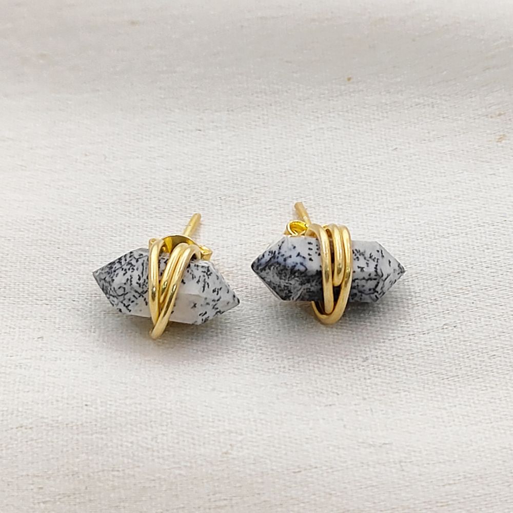 Handmade Dendrite Opal Double Point Stud Earrings, 12x5mm Gemstone in Gold Vermeil, Minimalist Healing Jewelry for Women- Selling Per Pair