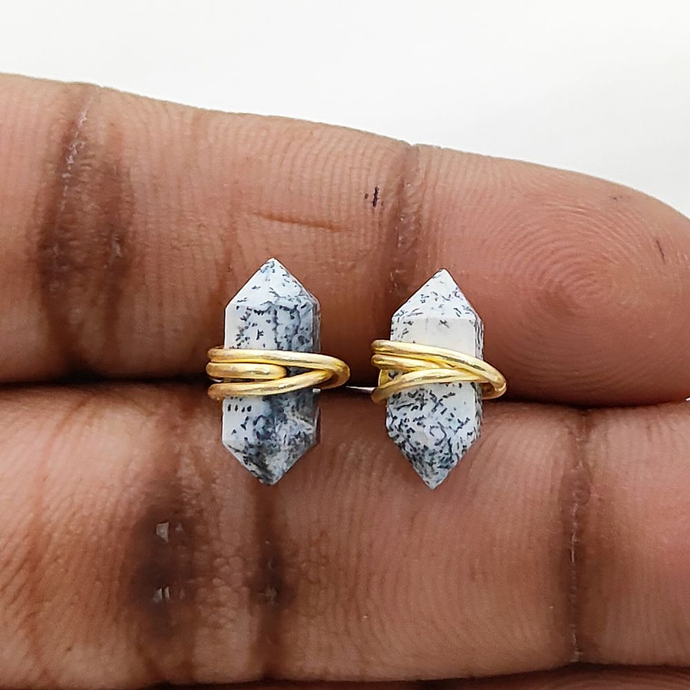 Handmade Dendrite Opal Double Point Stud Earrings, 12x5mm Gemstone in Gold Vermeil, Minimalist Healing Jewelry for Women- Selling Per Pair