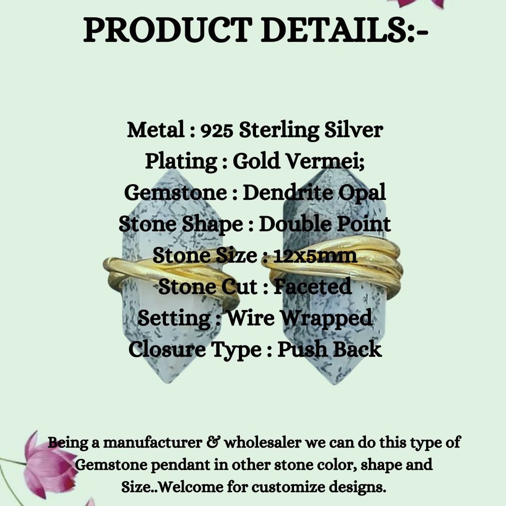 Handmade Dendrite Opal Double Point Stud Earrings, 12x5mm Gemstone in Gold Vermeil, Minimalist Healing Jewelry for Women- Selling Per Pair