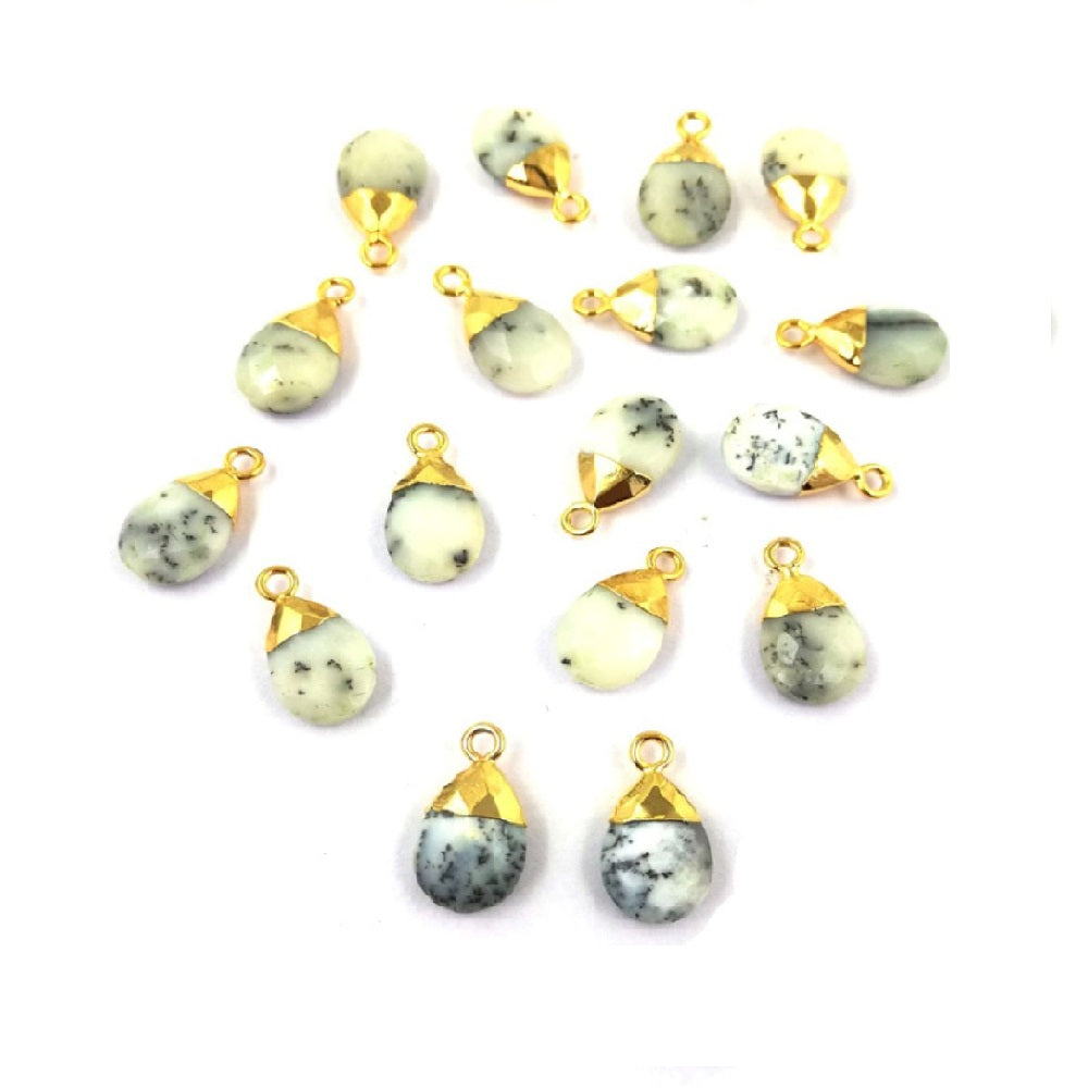 Handmade 13x9mm Dendrite Opal Teardrop Pendant Pear Cut Gold Electroplated Gemstone Charm