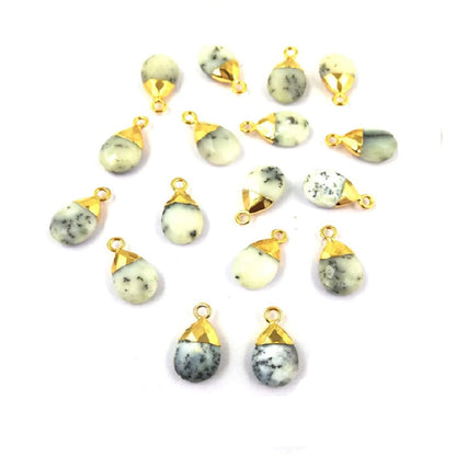 Handmade 13x9mm Dendrite Opal Teardrop Pendant Pear Cut Gold Electroplated Gemstone Charm