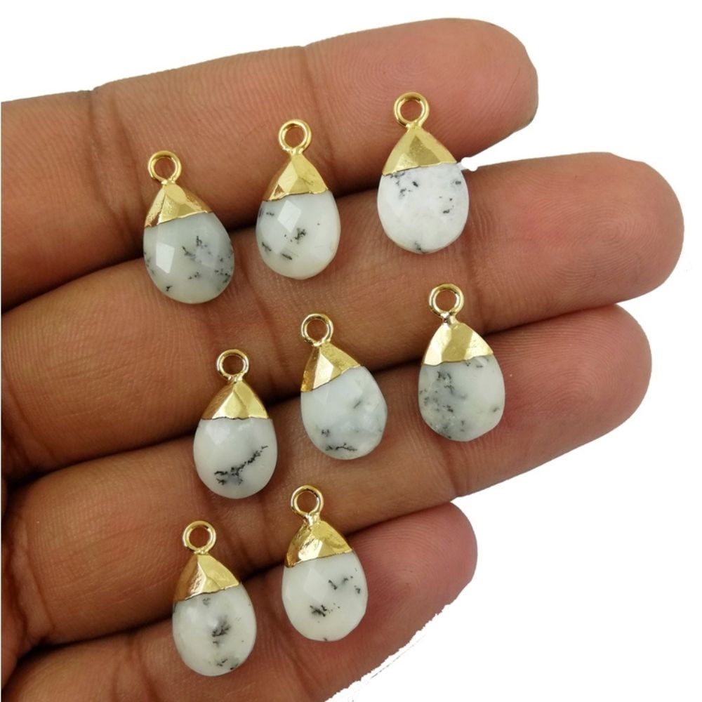 Natural Dendrite Opal Teardrop Pendant 13x9mm Gold Electroplated Bail for DIY Jewelry