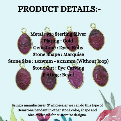Handmade Dyed Ruby Evil Eye Pendant in Gold Plated Sterling Silver Spiritual Crystal Jewelry Charm- Selling Per Piece