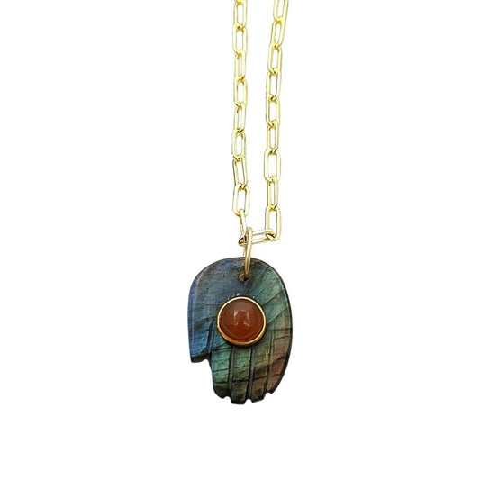 Handmade Hamsa Hand Necklace with Labradorite Gemstone Gold Plated Paperclip Chain Spiritual Jewelry- Selling Per Piece