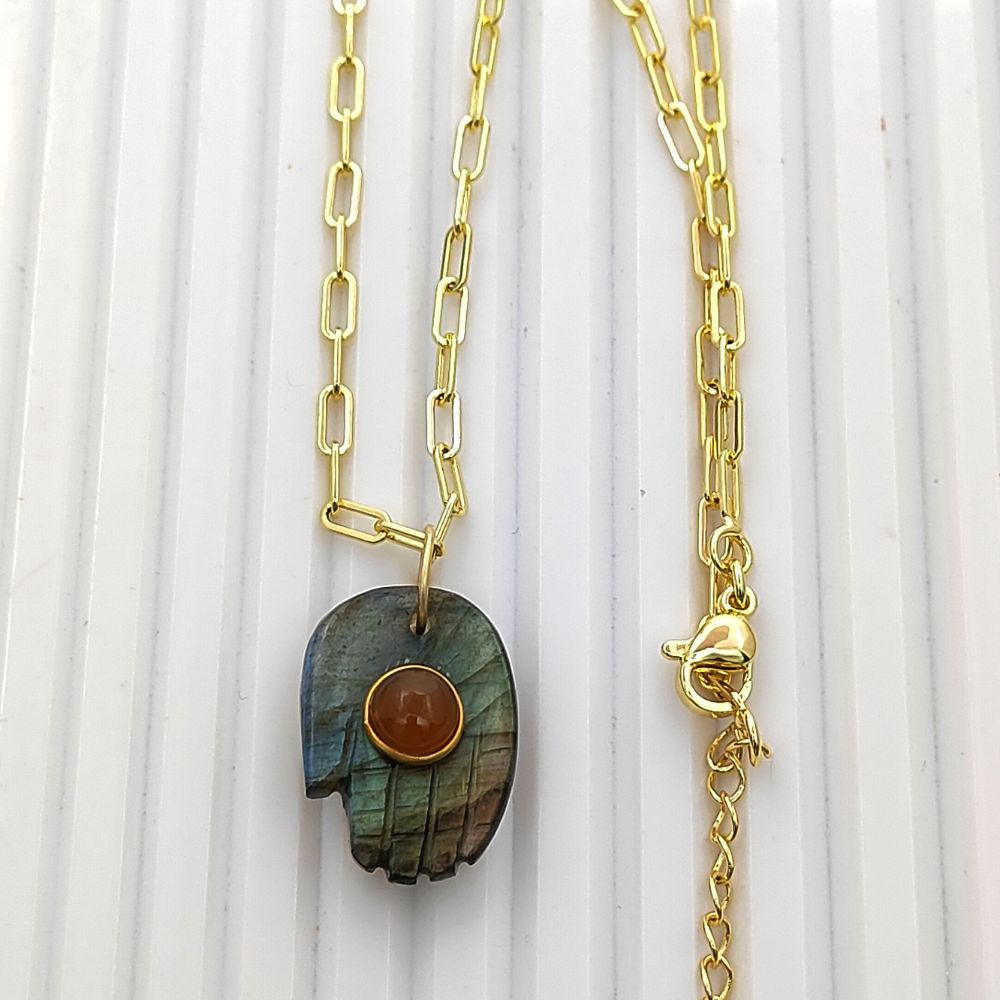 Handmade Hamsa Hand Necklace with Labradorite Gemstone Gold Plated Paperclip Chain Spiritual Jewelry- Selling Per Piece