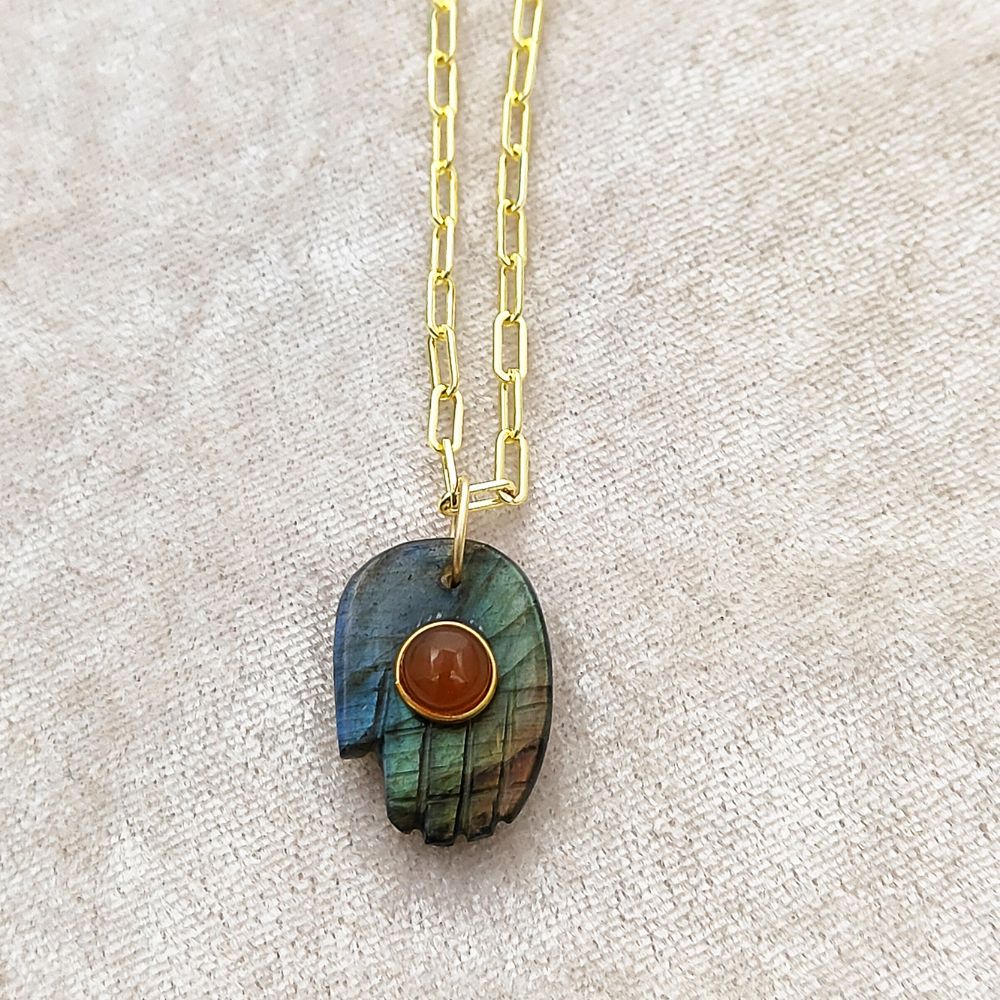 Handmade Hamsa Hand Necklace with Labradorite Gemstone Gold Plated Paperclip Chain Spiritual Jewelry- Selling Per Piece