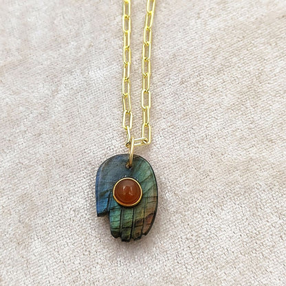 Handmade Hamsa Hand Necklace with Labradorite Gemstone Gold Plated Paperclip Chain Spiritual Jewelry- Selling Per Piece