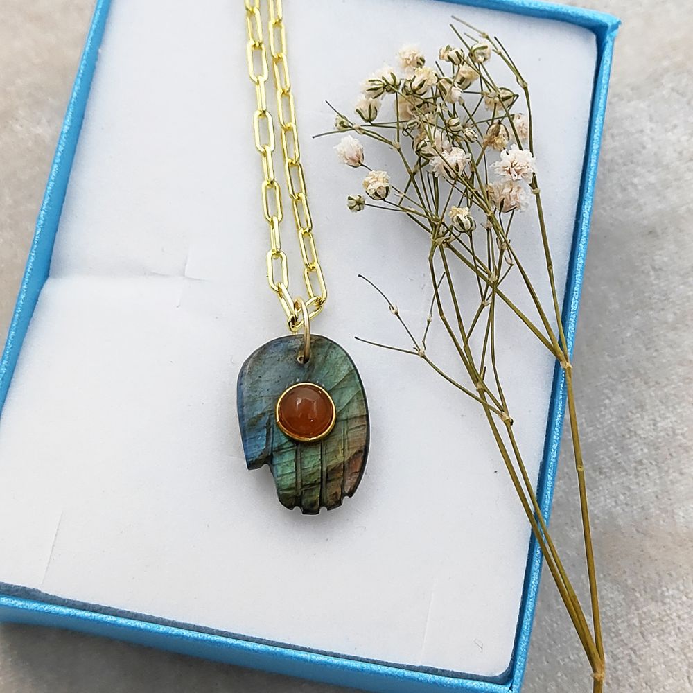 Handmade Hamsa Hand Necklace with Labradorite Gemstone Gold Plated Paperclip Chain Spiritual Jewelry- Selling Per Piece