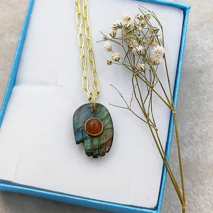 Handmade Hamsa Hand Necklace with Labradorite Gemstone Gold Plated Paperclip Chain Spiritual Jewelry- Selling Per Piece